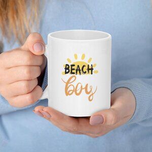 White "Beach Boy" Ceramic Mug with Yellow Accent